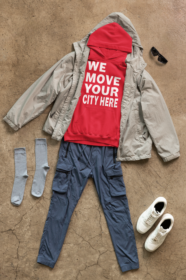 RED CUSTOM PRINT WE MOVE PULLOVER HOODIE